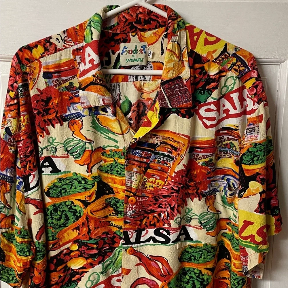 Jams World Food Art "Salsa" print rayon casual button-down shirt men’s size XXL - Picture 2 of 13